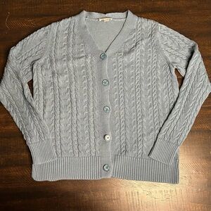 Belle Kim Gravel  Elegant Cable Knit Cardigan  Blue